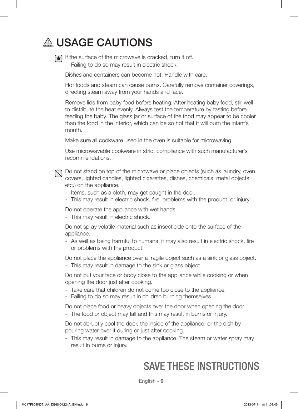 Usage cautions, Save these instructions | Samsung MC17F808KDT-AA User Manual | Page 9 / 48