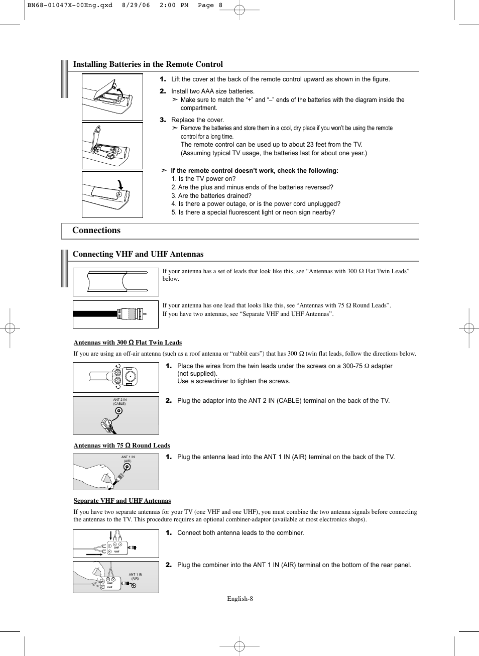 Installing batteries in the remote control, Connections, Connecting vhf and uhf antennas | Samsung LNS5296DX-XAA User Manual | Page 10 / 380