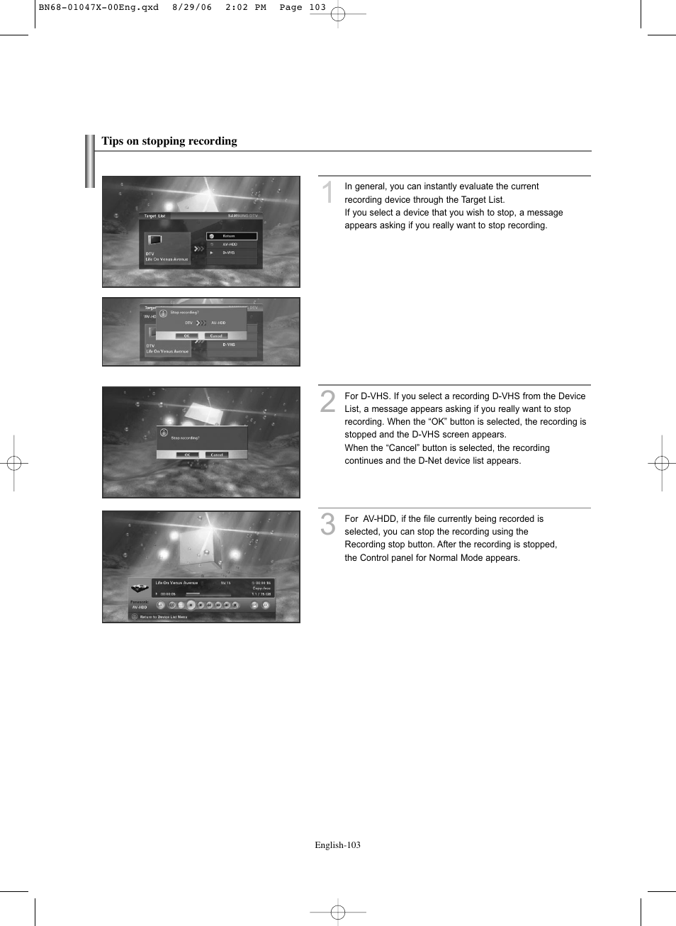 Tips on stopping recording | Samsung LNS5296DX-XAA User Manual | Page 105 / 380