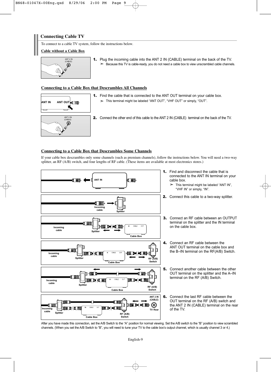 Connecting cable tv | Samsung LNS5296DX-XAA User Manual | Page 11 / 380