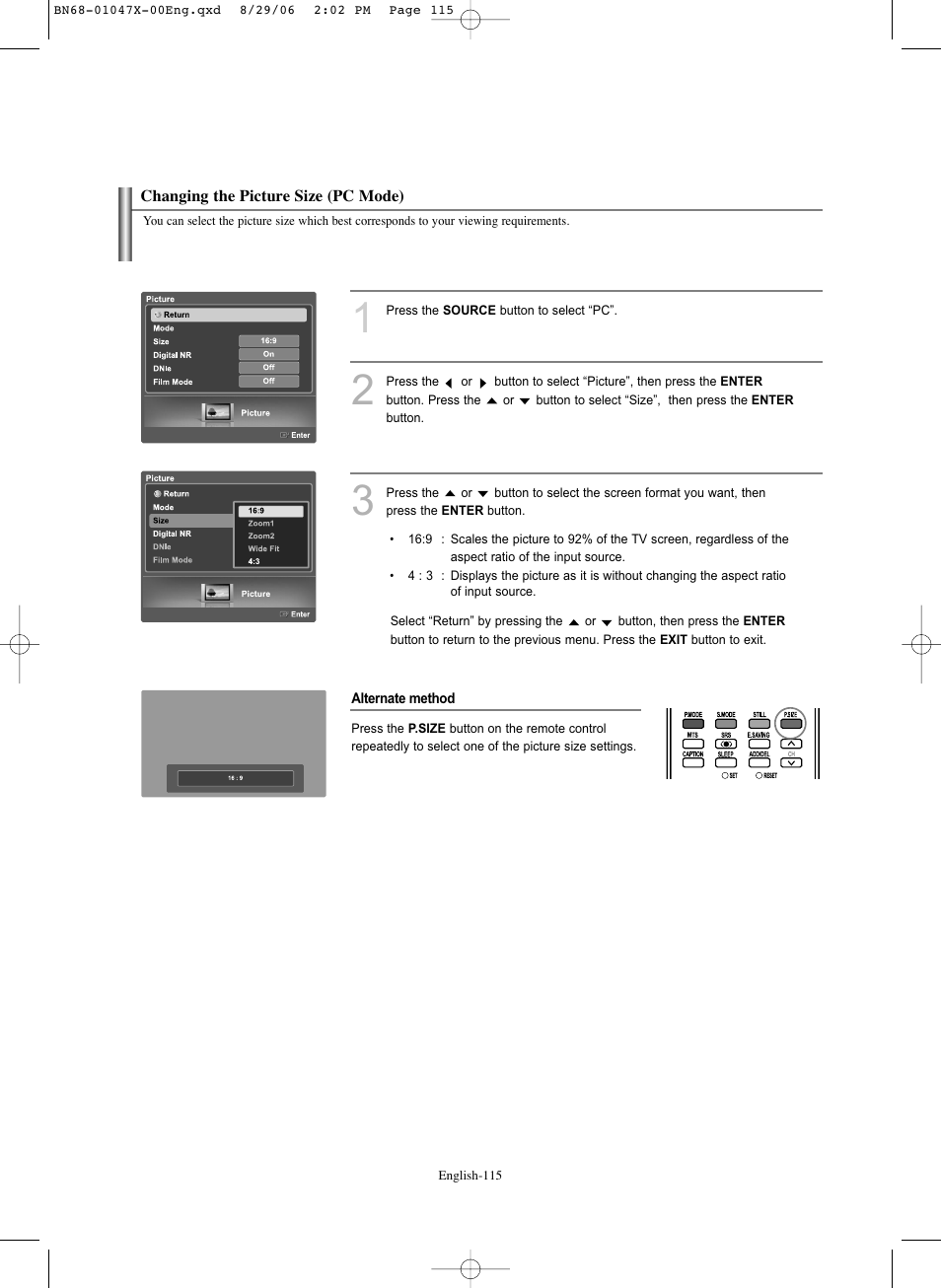 Changing the picture size (pc mode) | Samsung LNS5296DX-XAA User Manual | Page 117 / 380