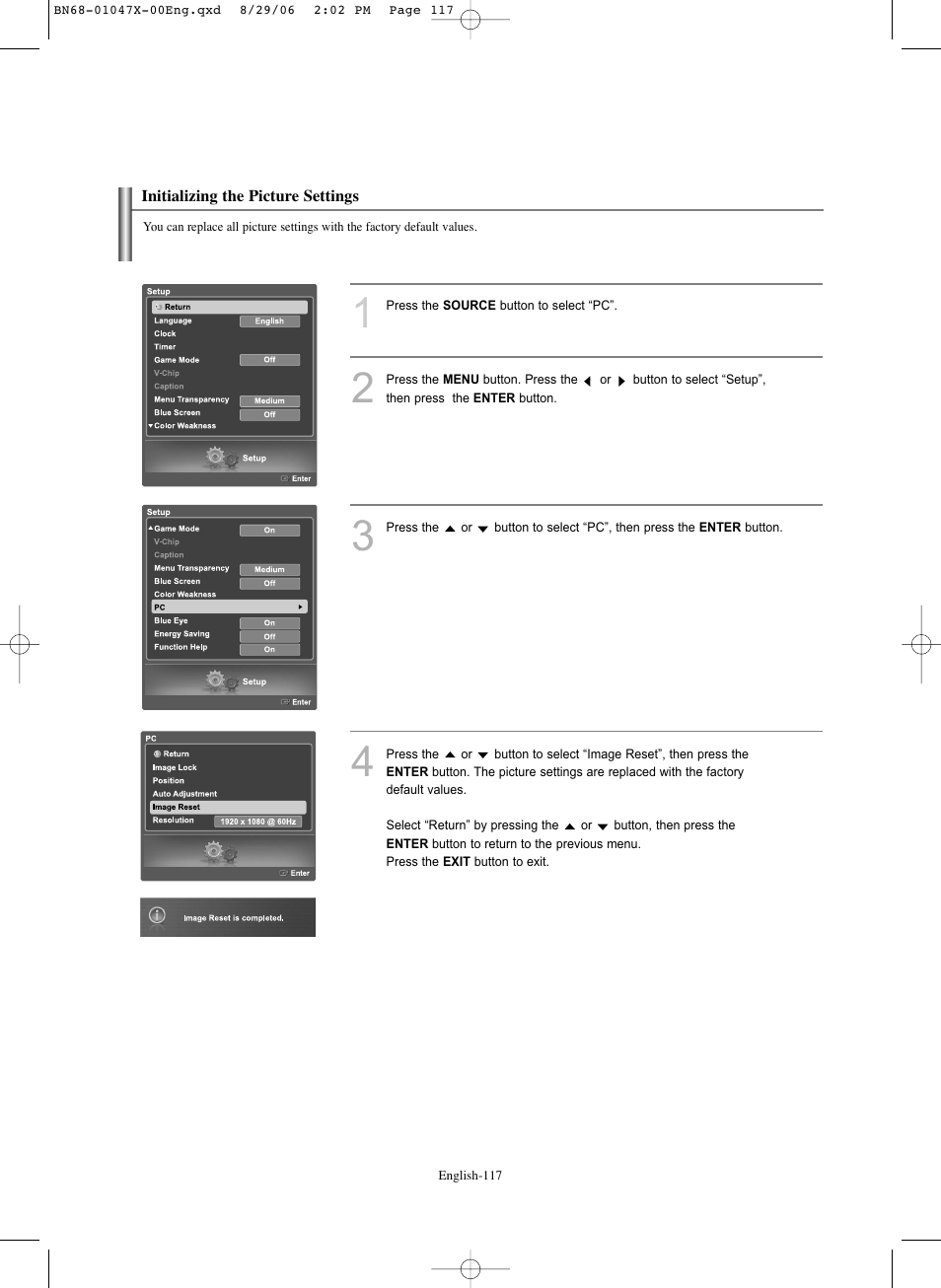 Initializing the picture settings | Samsung LNS5296DX-XAA User Manual | Page 119 / 380