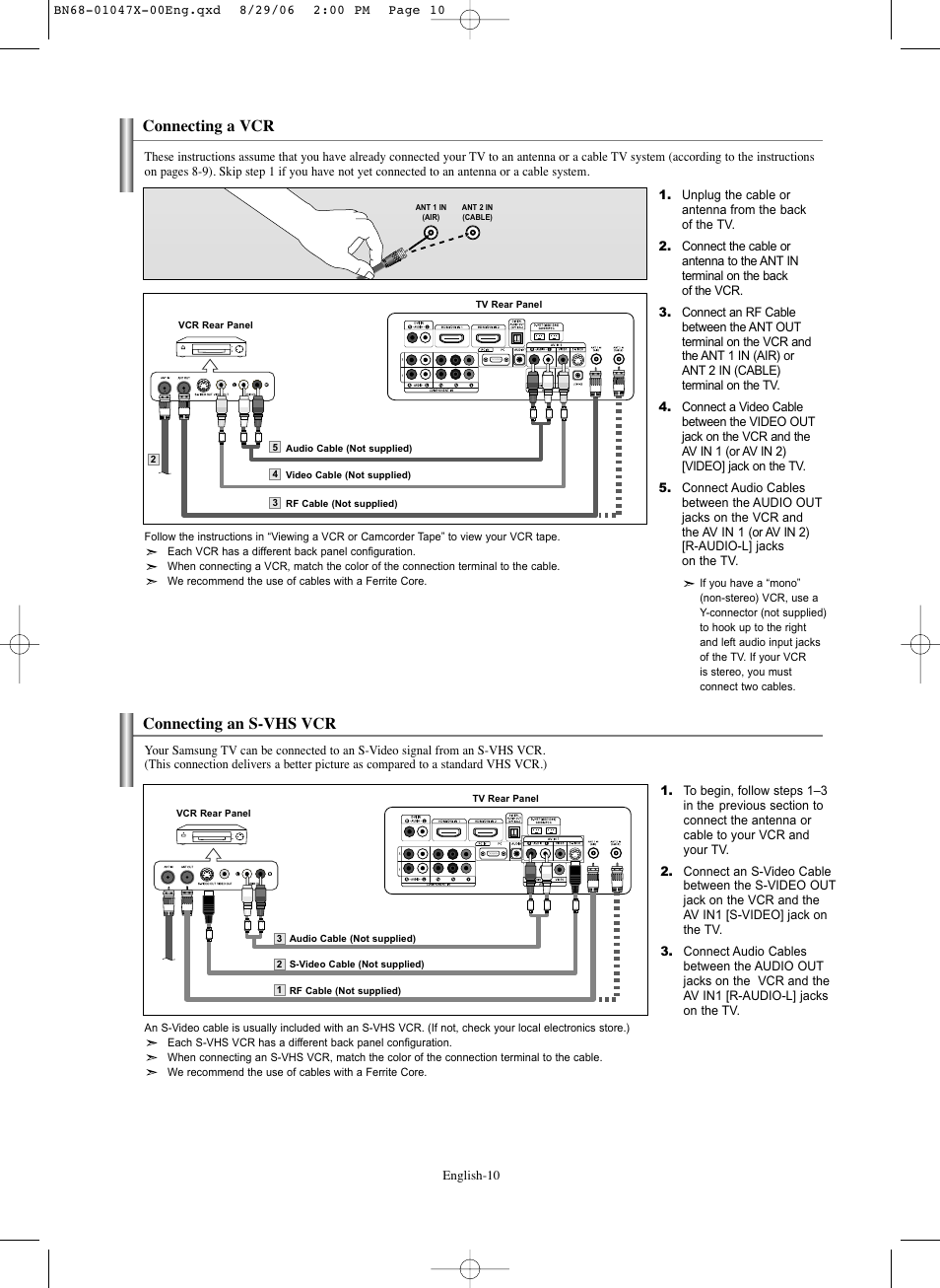 Connecting a vcr, Connecting an s-vhs vcr | Samsung LNS5296DX-XAA User Manual | Page 12 / 380
