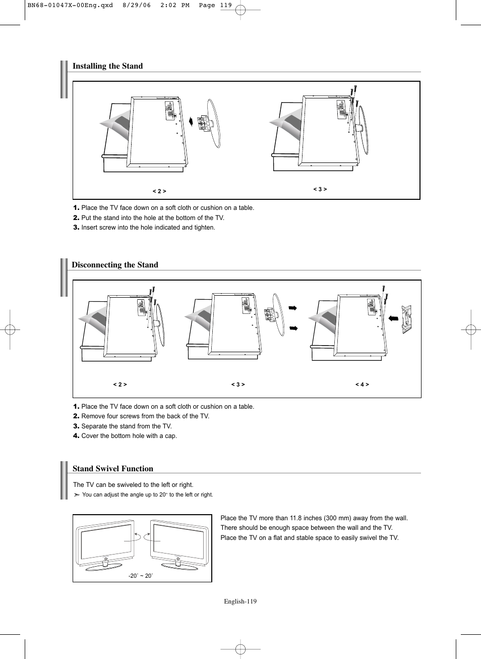 Installing the stand, Disconnecting the stand, Stand swivel function | Samsung LNS5296DX-XAA User Manual | Page 121 / 380
