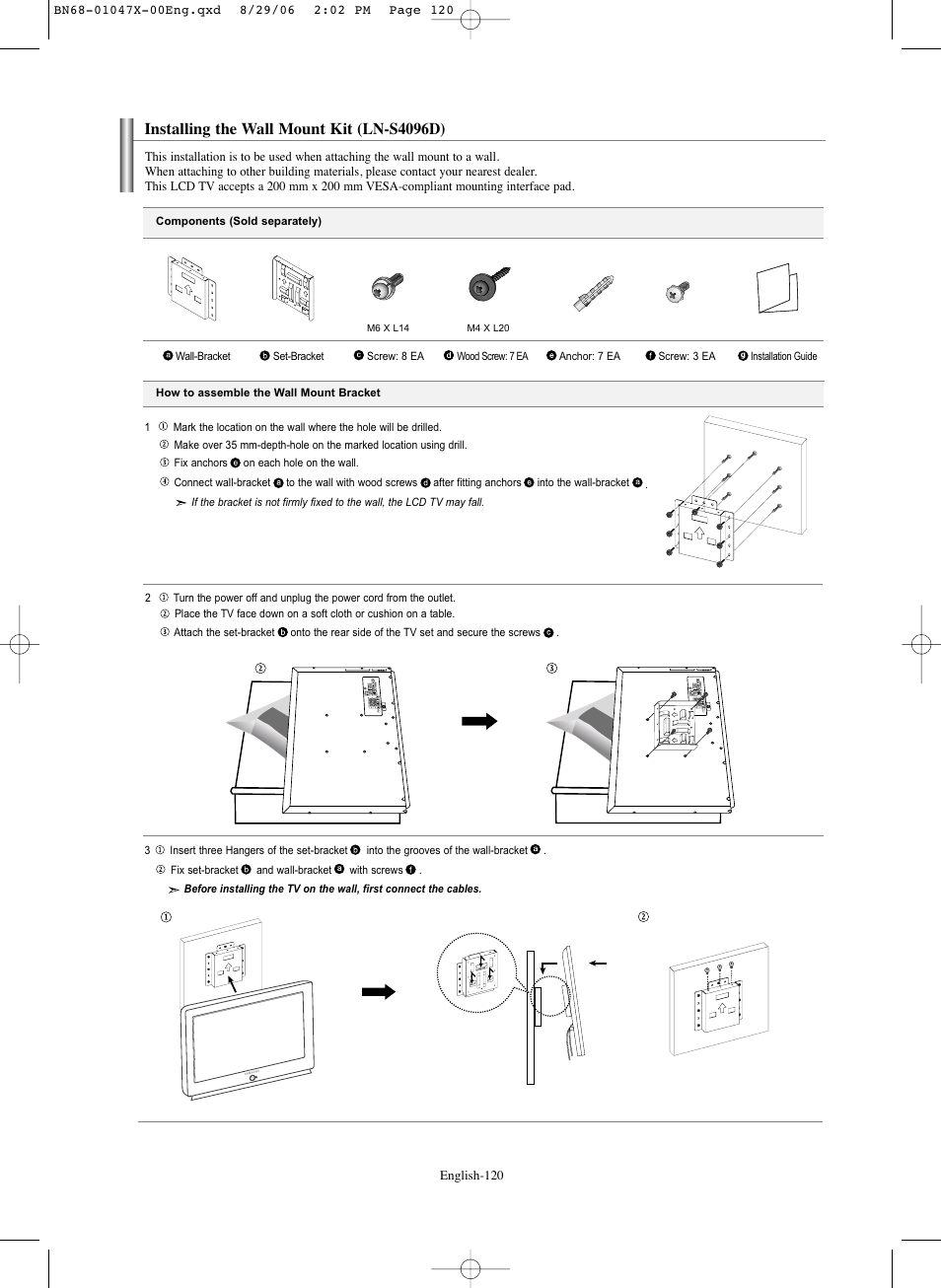 Installing the wall mount kit (ln-s4096d) | Samsung LNS5296DX-XAA User Manual | Page 122 / 380