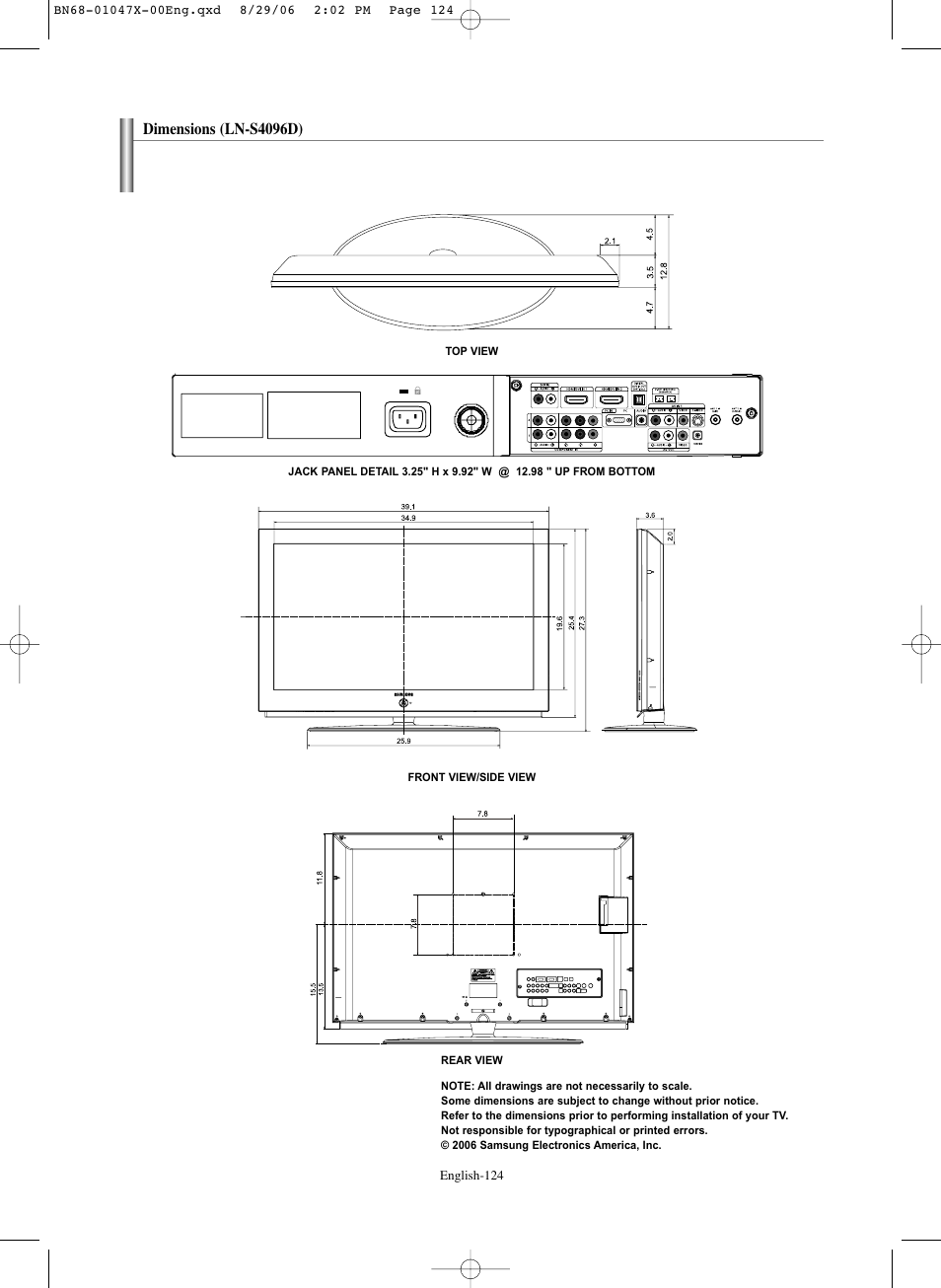 Dimensions (ln-s4096d) | Samsung LNS5296DX-XAA User Manual | Page 126 / 380