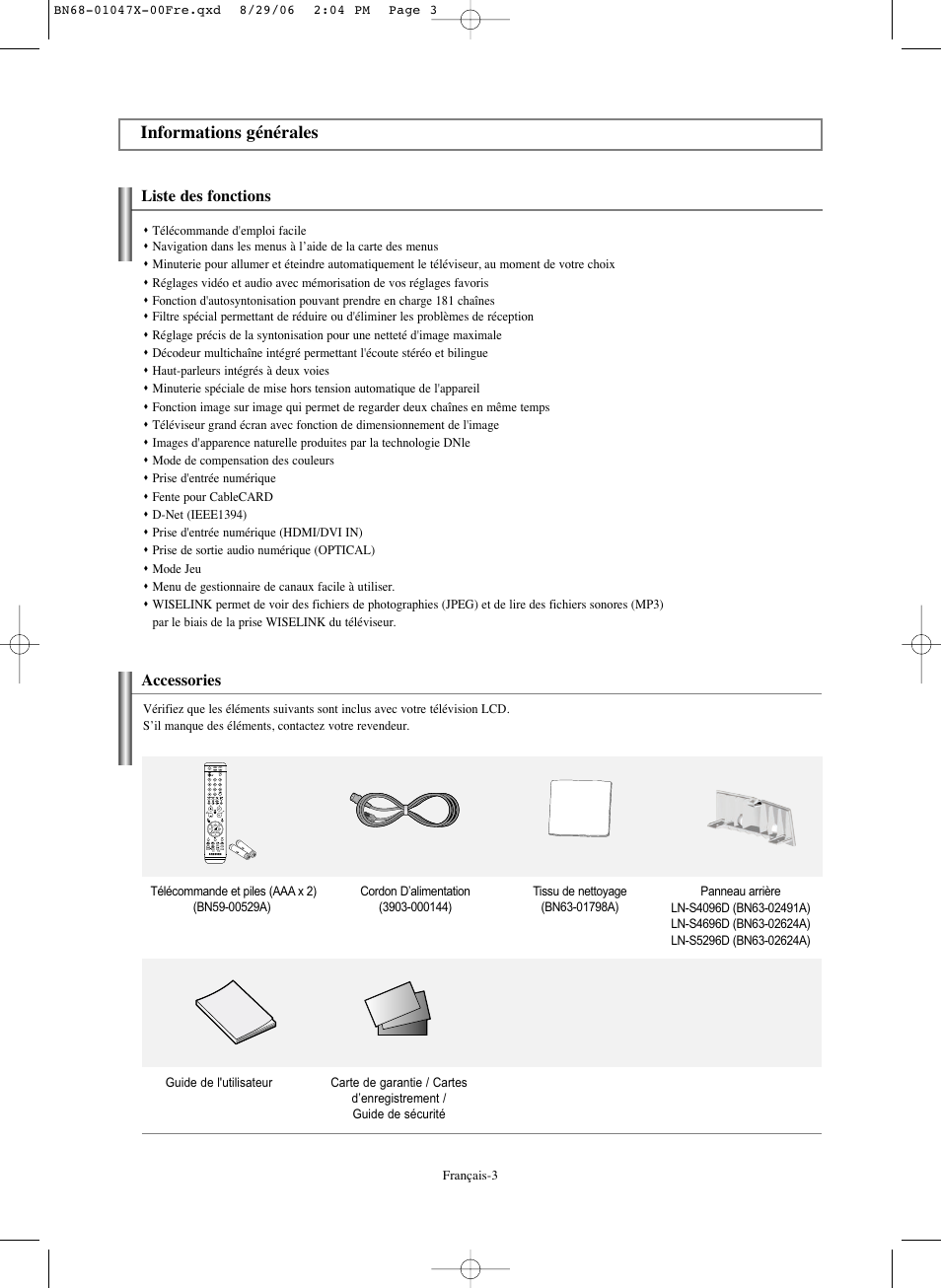 Informations générales | Samsung LNS5296DX-XAA User Manual | Page 131 / 380