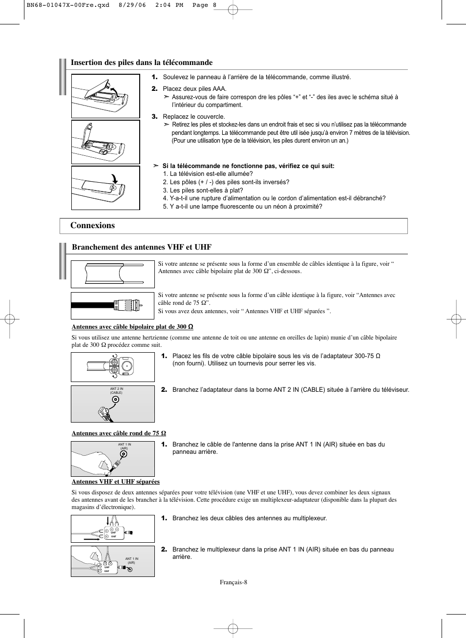 Connexions, Branchement des antennes vhf et uhf, Insertion des piles dans la télécommande | Samsung LNS5296DX-XAA User Manual | Page 136 / 380