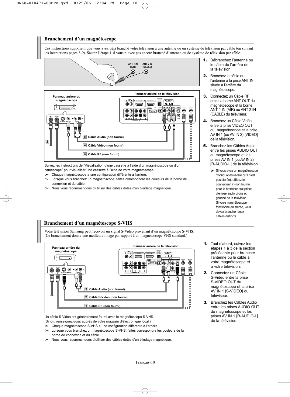 Branchement d’un magnétoscope, Branchement d’un magnétoscope s-vhs | Samsung LNS5296DX-XAA User Manual | Page 138 / 380