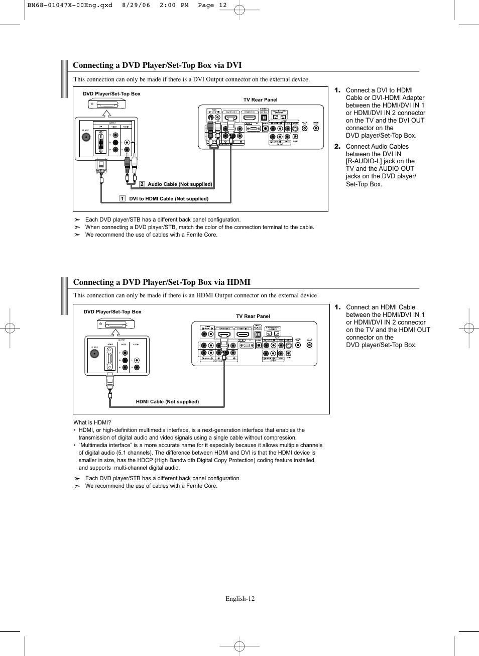 Connecting a dvd player/set-top box via dvi, Connecting a dvd player/set-top box via hdmi | Samsung LNS5296DX-XAA User Manual | Page 14 / 380