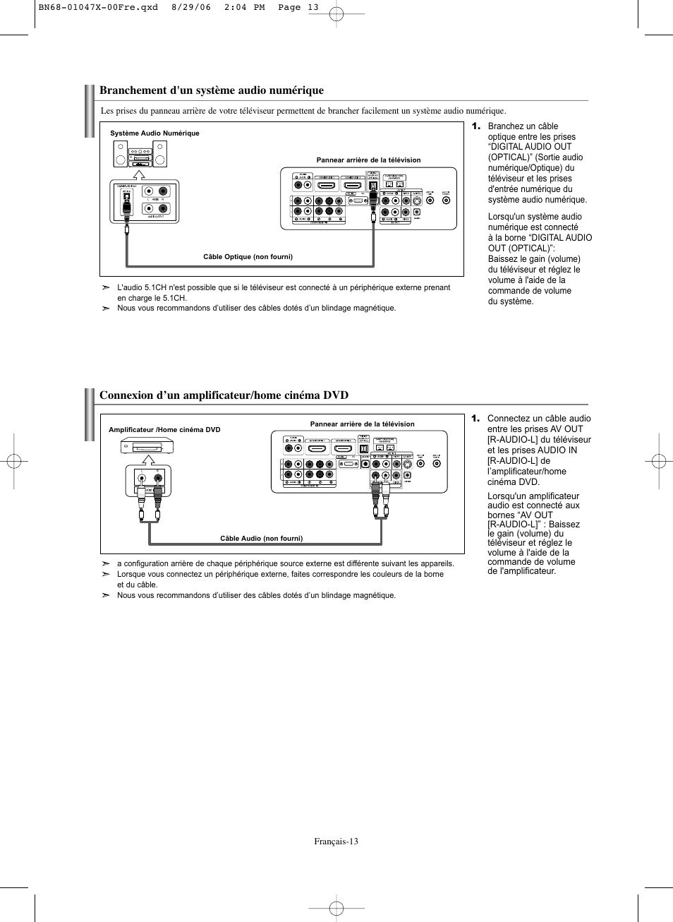 Branchement d'un système audio numérique, Connexion d’un amplificateur/home cinéma dvd | Samsung LNS5296DX-XAA User Manual | Page 141 / 380