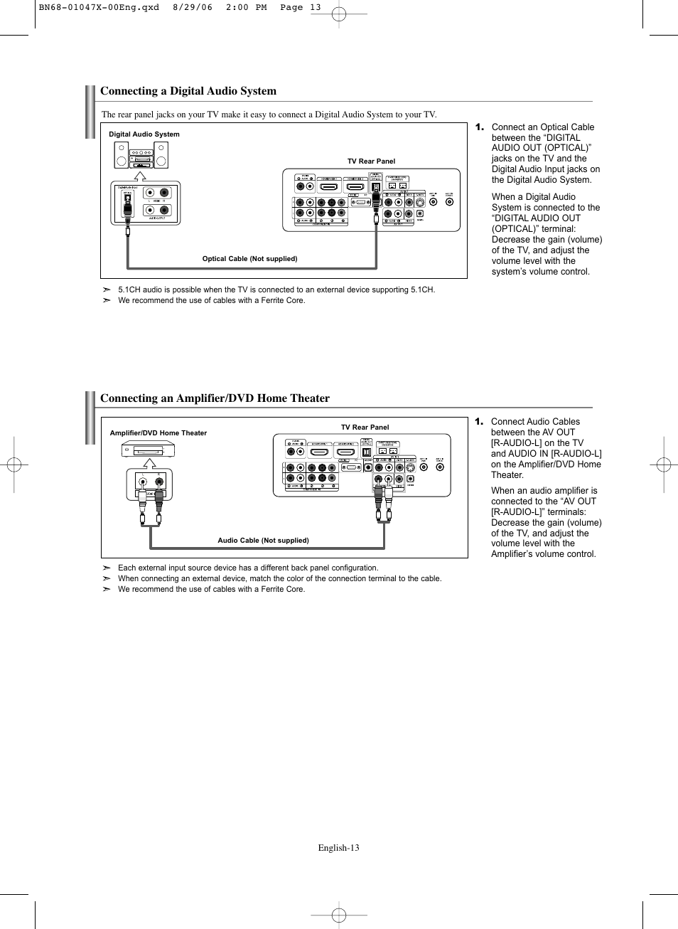 Connecting a digital audio system, Connecting an amplifier/dvd home theater | Samsung LNS5296DX-XAA User Manual | Page 15 / 380