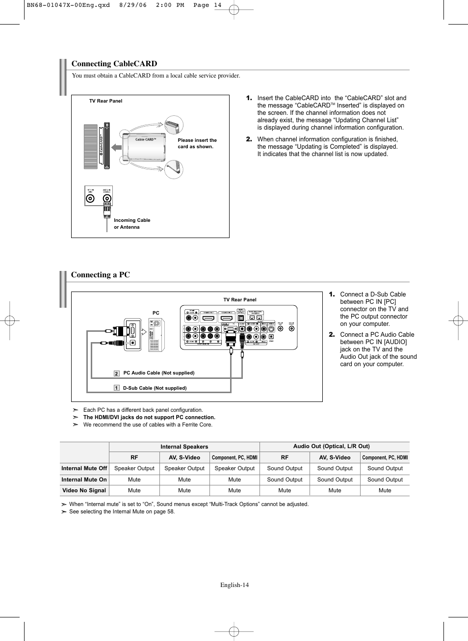 Connecting cablecard, Connecting a pc | Samsung LNS5296DX-XAA User Manual | Page 16 / 380