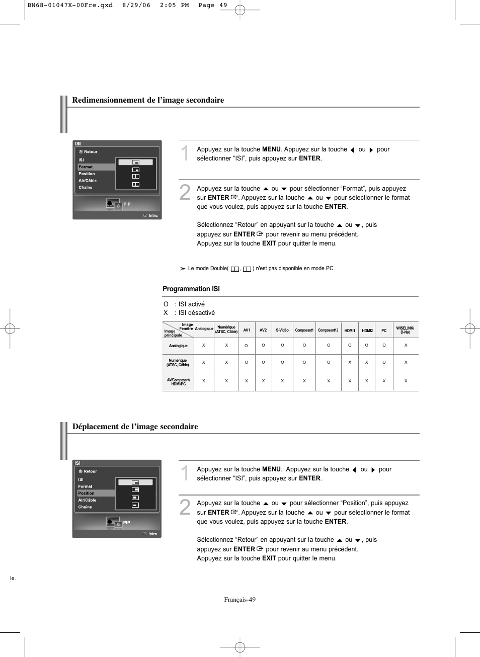 Déplacement de l’image secondaire, Redimensionnement de l’image secondaire | Samsung LNS5296DX-XAA User Manual | Page 177 / 380