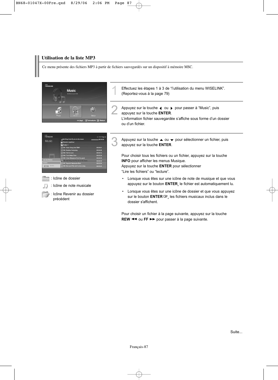Utilisation de la liste mp3 | Samsung LNS5296DX-XAA User Manual | Page 215 / 380