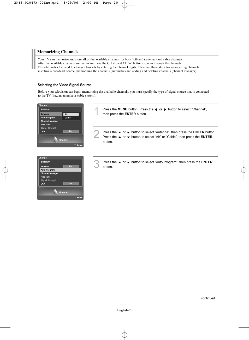 Memorizing channels | Samsung LNS5296DX-XAA User Manual | Page 22 / 380