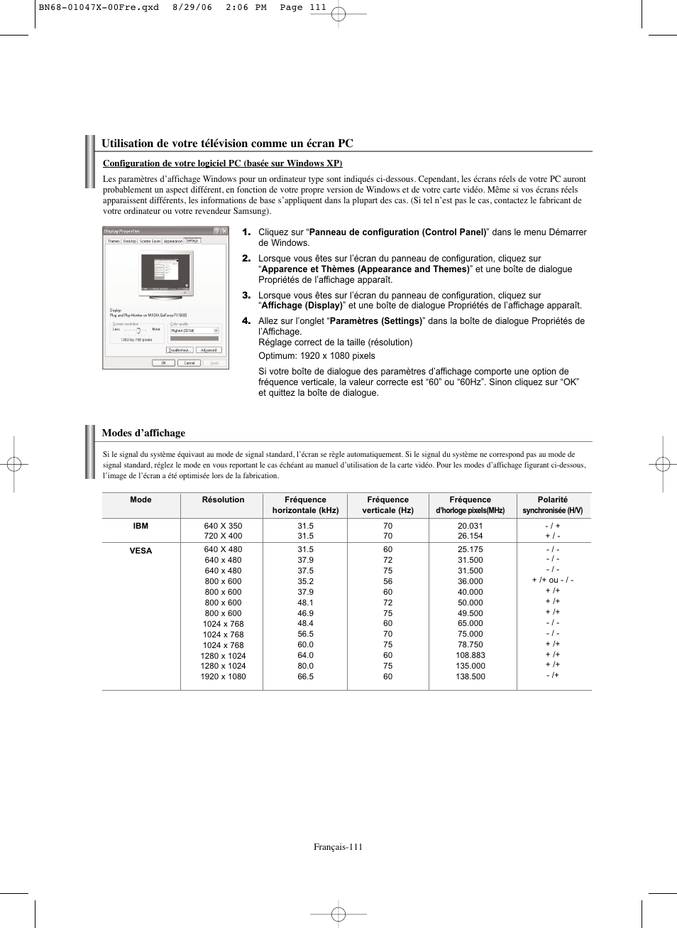 Utilisation de votre télévision comme un écran pc | Samsung LNS5296DX-XAA User Manual | Page 239 / 380