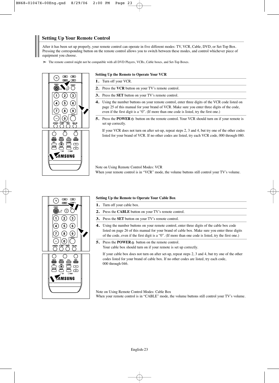 Setting up your remote control | Samsung LNS5296DX-XAA User Manual | Page 25 / 380