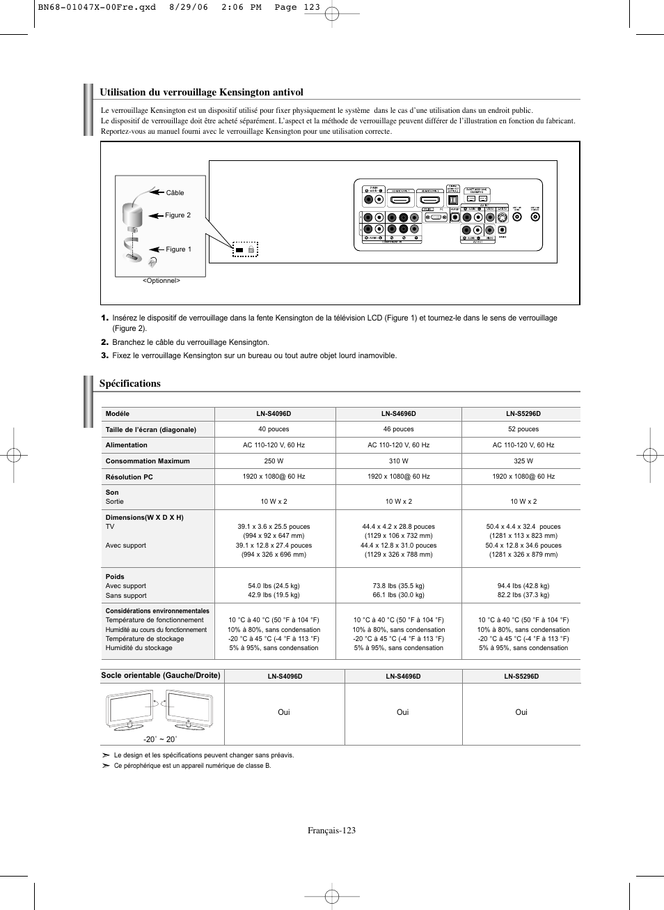 Utilisation du verrouillage kensington antivol, Spécifications, Français-123 | Samsung LNS5296DX-XAA User Manual | Page 251 / 380