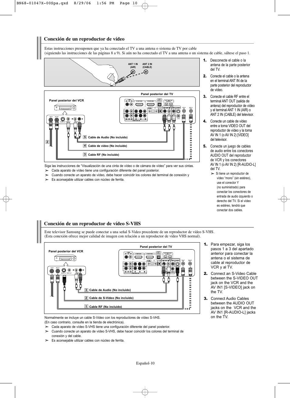 Conexión de un reproductor de vídeo, Conexión de un reproductor de vídeo s-vhs | Samsung LNS5296DX-XAA User Manual | Page 264 / 380