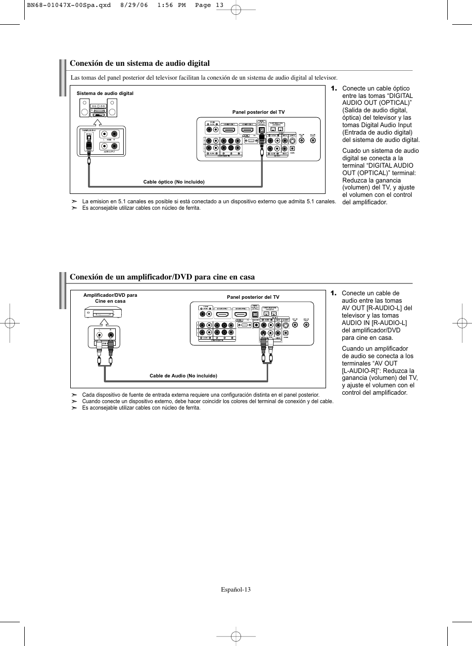 Conexión de un sistema de audio digital, Conexión de un amplificador/dvd para cine en casa | Samsung LNS5296DX-XAA User Manual | Page 267 / 380