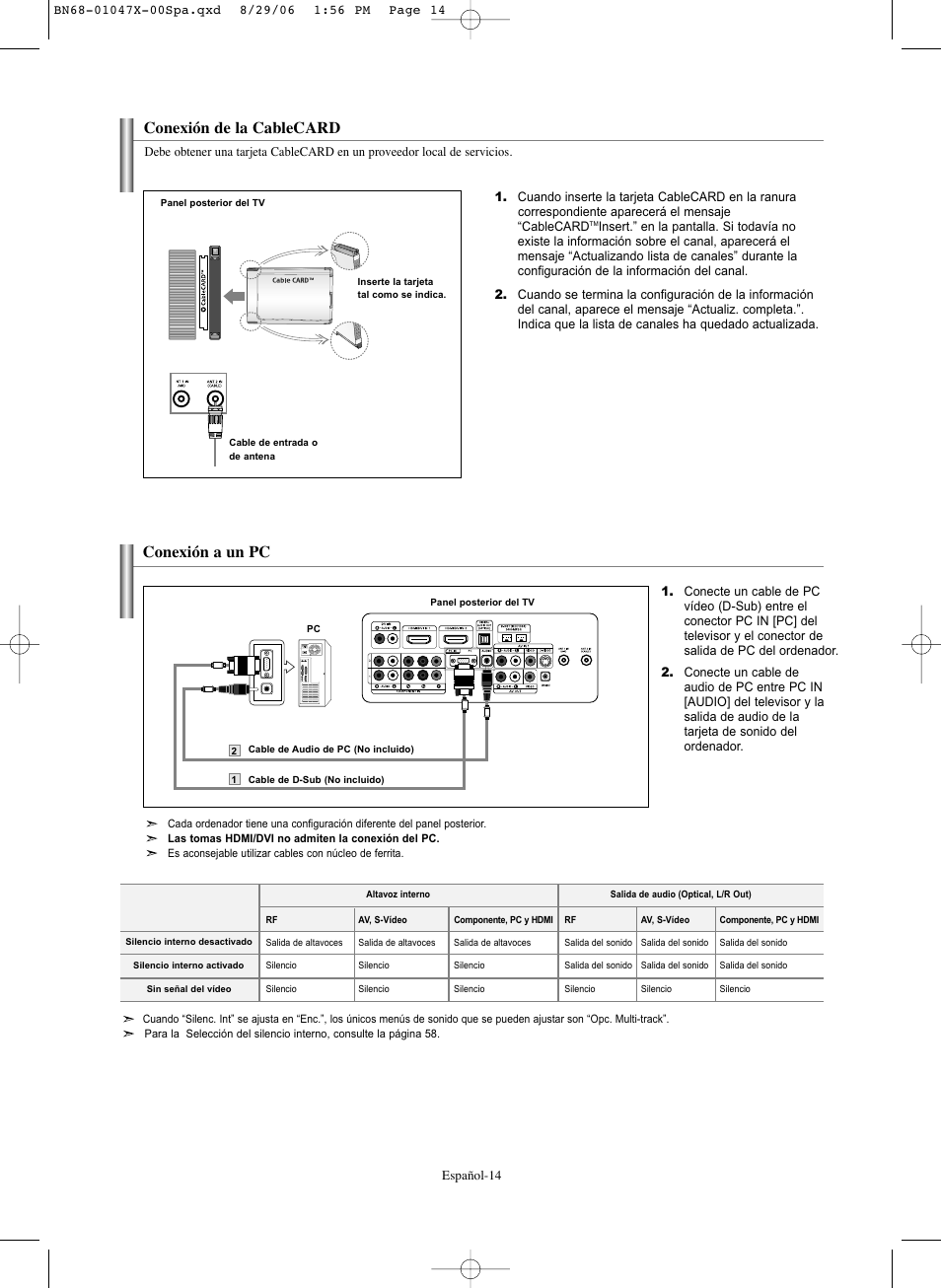 Conexión a un pc, Conexión de la cablecard | Samsung LNS5296DX-XAA User Manual | Page 268 / 380
