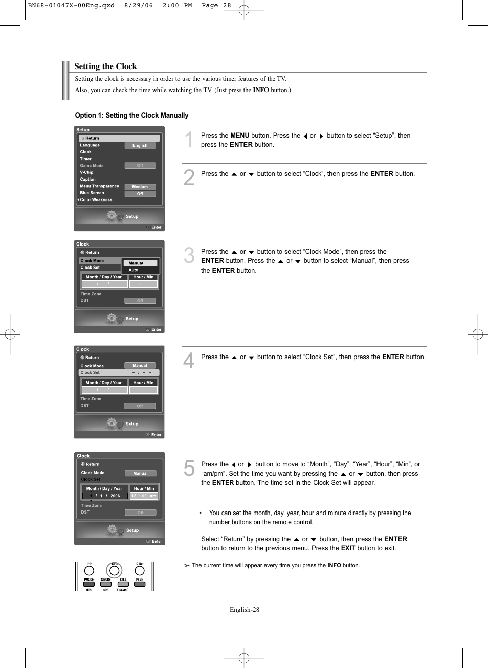 Setting the clock | Samsung LNS5296DX-XAA User Manual | Page 30 / 380