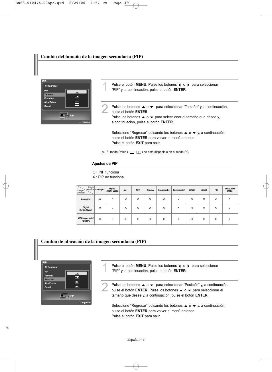 Cambio de ubicación de la imagen secundaria (pip), Cambio del tamaño de la imagen secundaria (pip) | Samsung LNS5296DX-XAA User Manual | Page 303 / 380