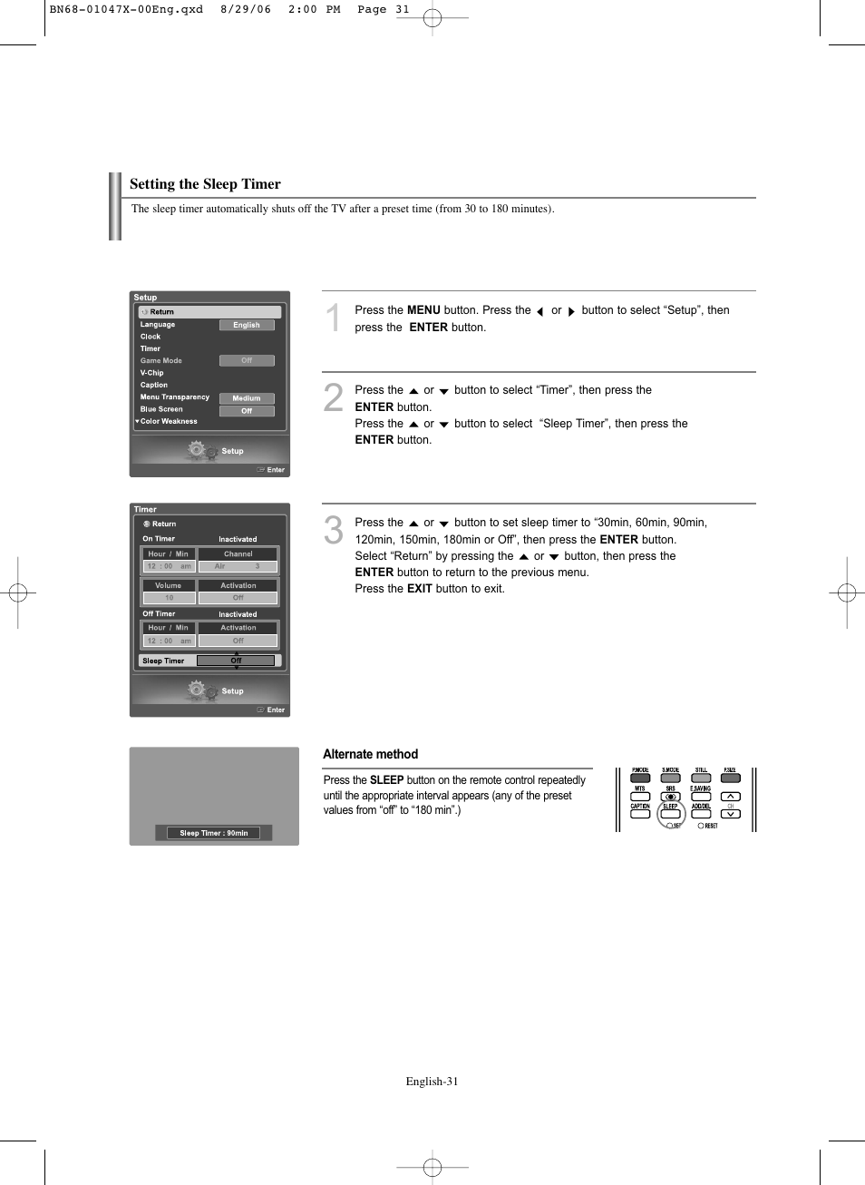 Setting the sleep timer | Samsung LNS5296DX-XAA User Manual | Page 33 / 380