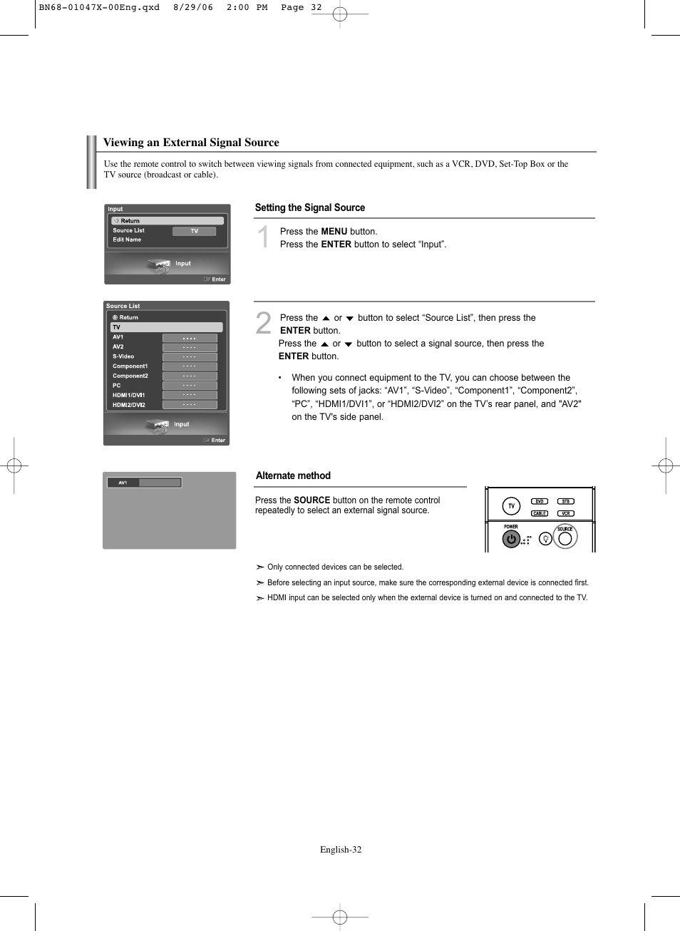 Viewing an external signal source | Samsung LNS5296DX-XAA User Manual | Page 34 / 380