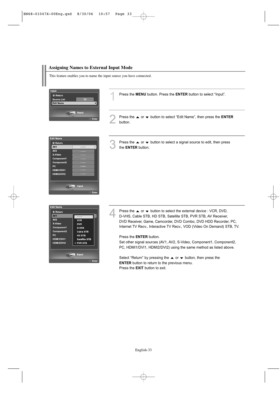 Assigning names to external input mode | Samsung LNS5296DX-XAA User Manual | Page 35 / 380