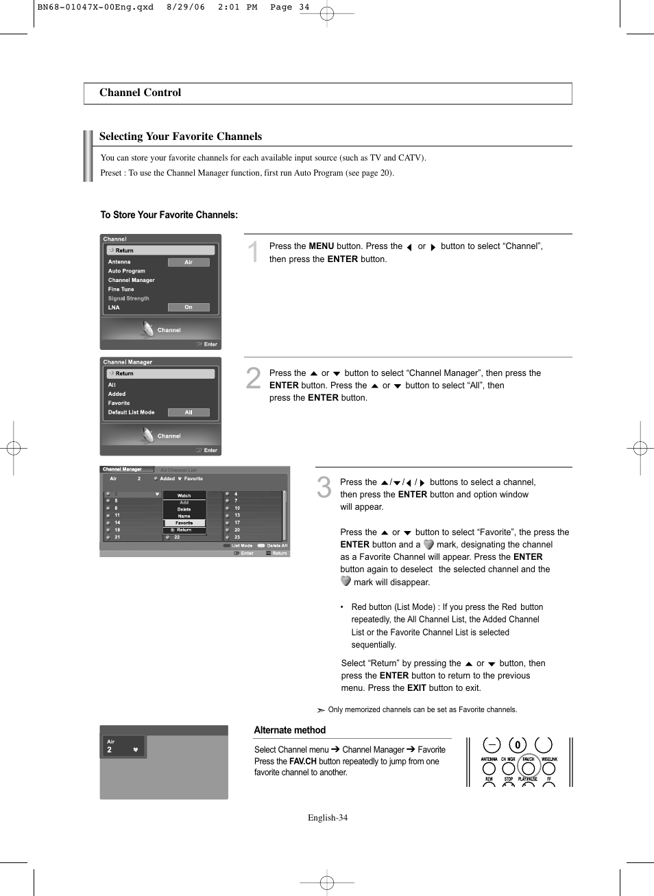 Channel control, Selecting your favorite channels | Samsung LNS5296DX-XAA User Manual | Page 36 / 380