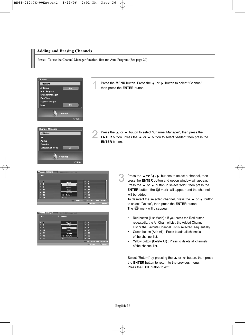 Adding and erasing channels | Samsung LNS5296DX-XAA User Manual | Page 38 / 380