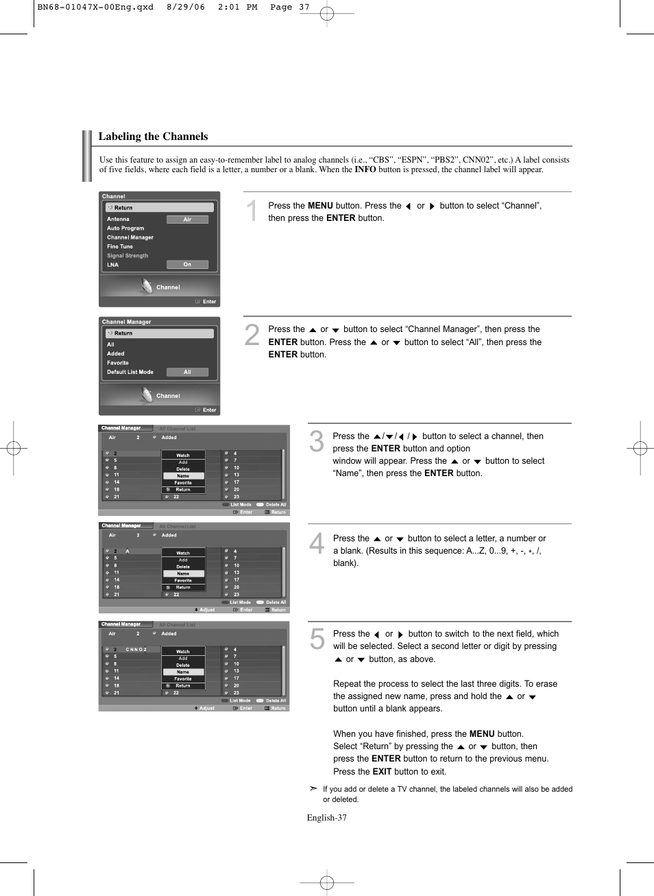 Labeling the channels | Samsung LNS5296DX-XAA User Manual | Page 39 / 380