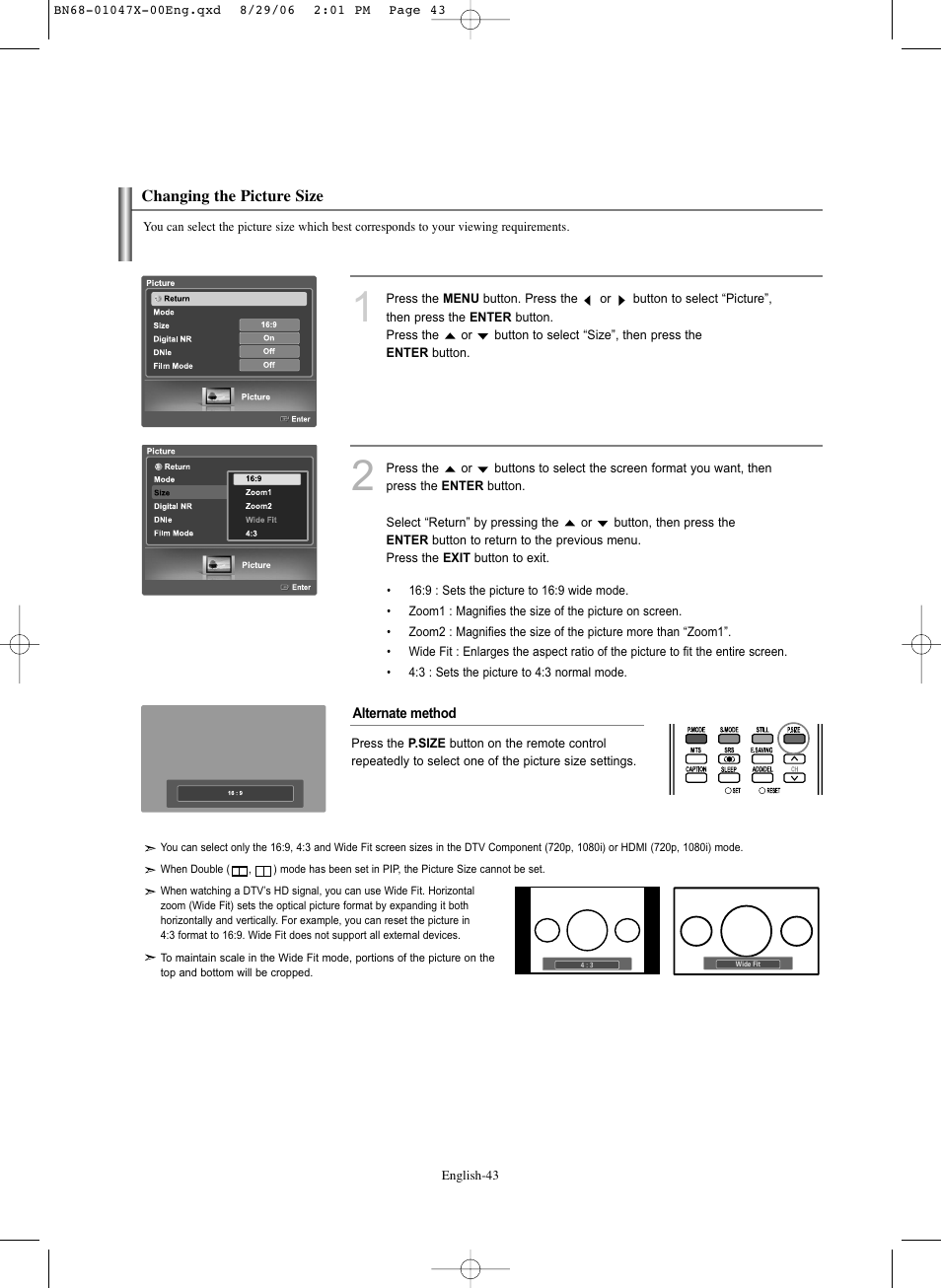Changing the picture size | Samsung LNS5296DX-XAA User Manual | Page 45 / 380