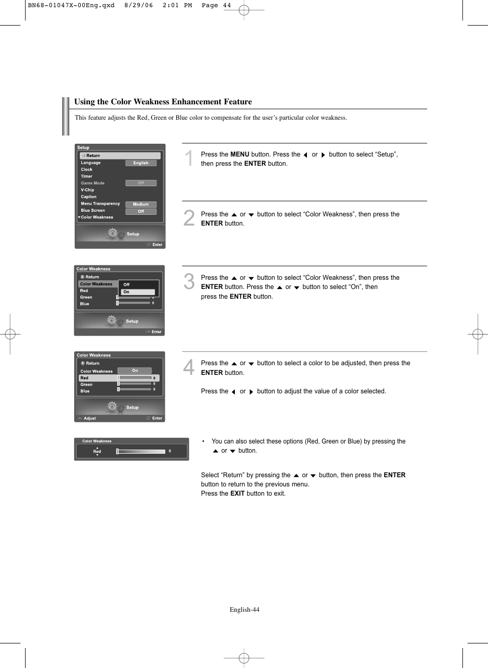 Using the colorweakness enhancement feature | Samsung LNS5296DX-XAA User Manual | Page 46 / 380