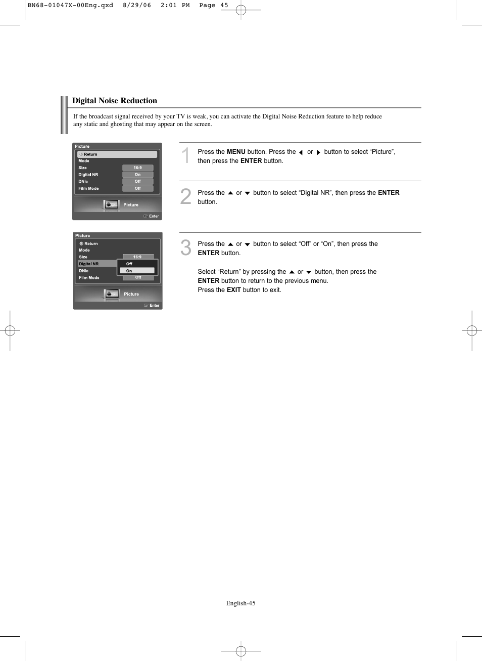 Digital noise reduction | Samsung LNS5296DX-XAA User Manual | Page 47 / 380