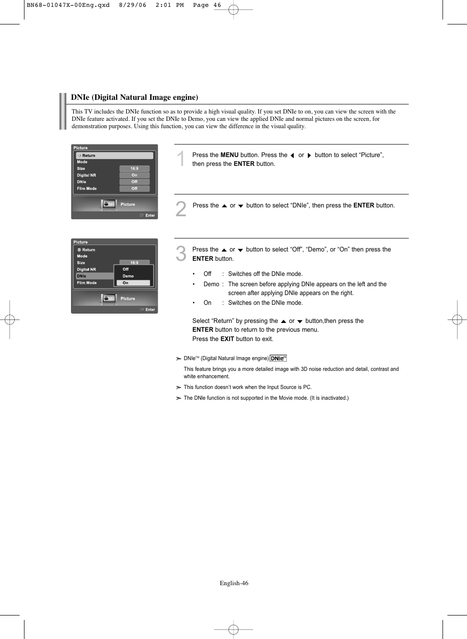Dnie (digital natural image engine) | Samsung LNS5296DX-XAA User Manual | Page 48 / 380
