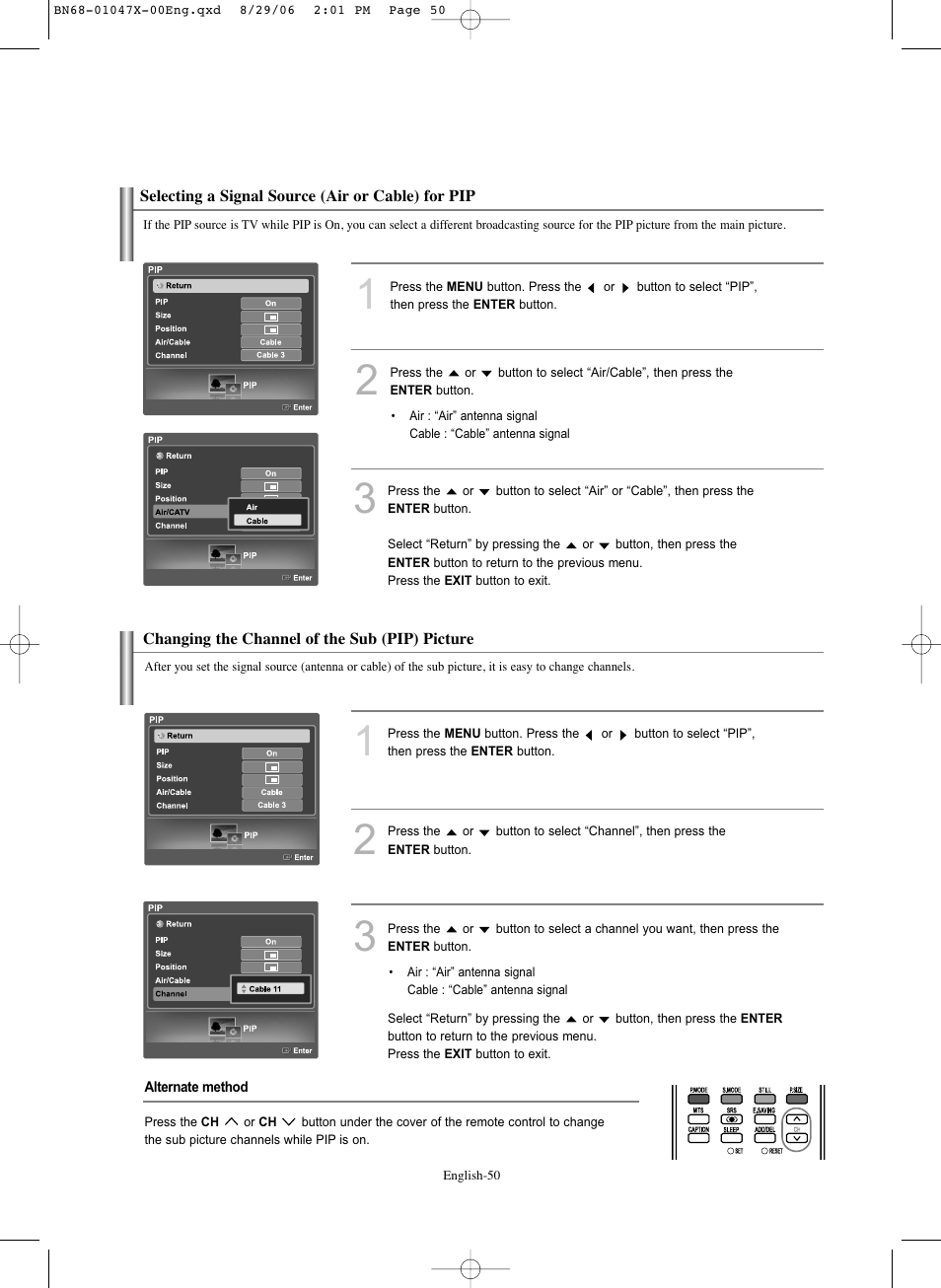 Selecting a signal source (air or cable) for pip, Changing the channel of the sub (pip) picture | Samsung LNS5296DX-XAA User Manual | Page 52 / 380