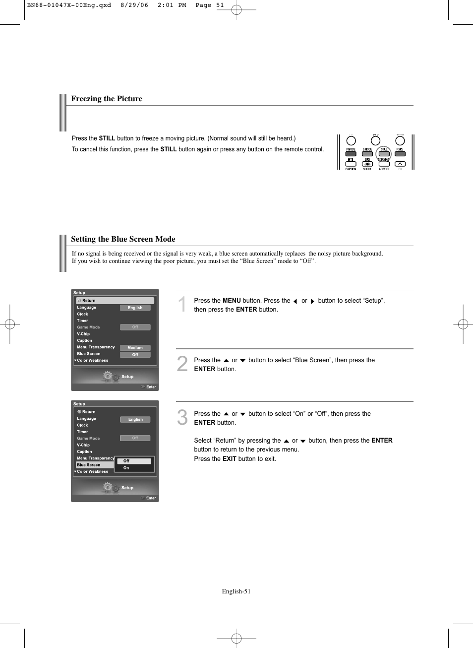 Freezing the picture, Setting the blue screen mode | Samsung LNS5296DX-XAA User Manual | Page 53 / 380
