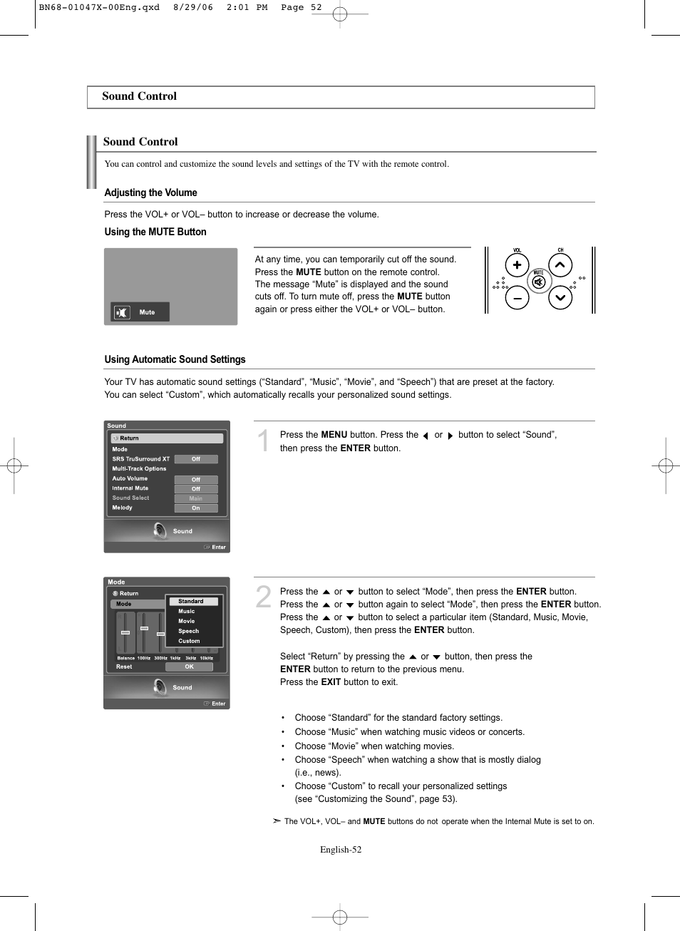 Sound control | Samsung LNS5296DX-XAA User Manual | Page 54 / 380
