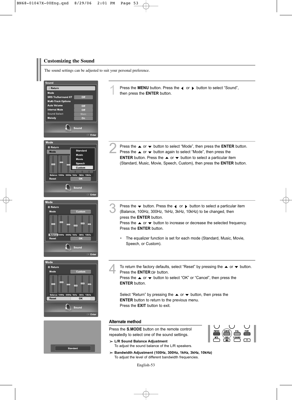 Customizing the sound | Samsung LNS5296DX-XAA User Manual | Page 55 / 380