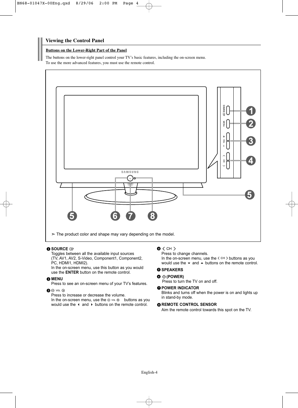 Viewing the control panel | Samsung LNS5296DX-XAA User Manual | Page 6 / 380