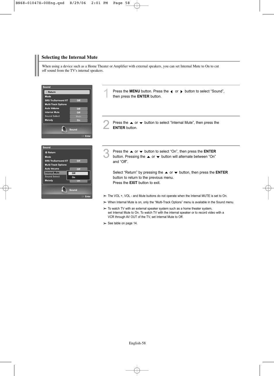 Selecting the internal mute | Samsung LNS5296DX-XAA User Manual | Page 60 / 380