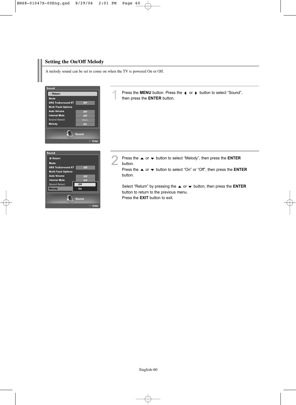 Setting the on/off melody | Samsung LNS5296DX-XAA User Manual | Page 62 / 380