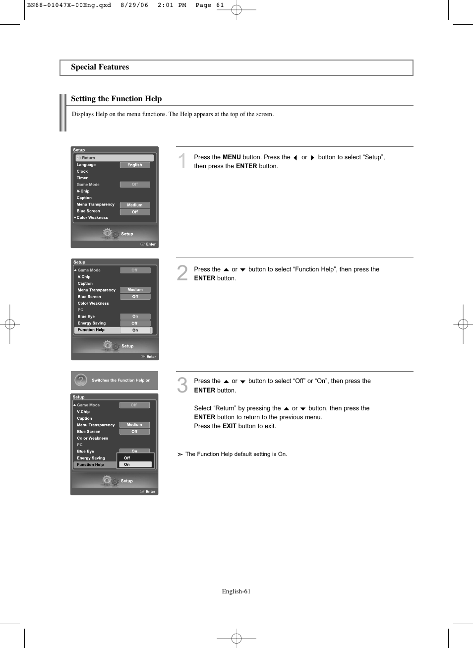 Special features, Setting the function help | Samsung LNS5296DX-XAA User Manual | Page 63 / 380