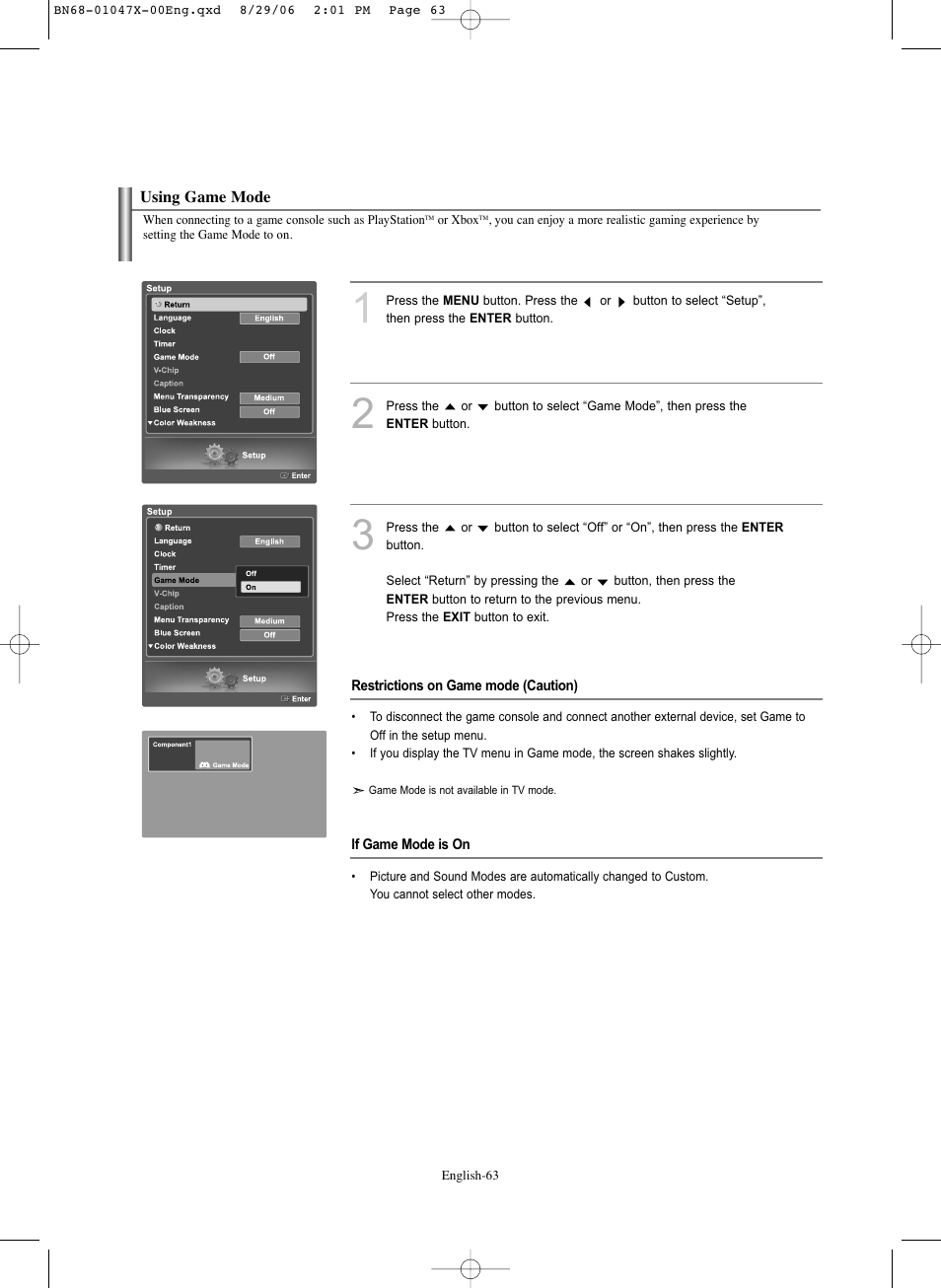 Using game mode | Samsung LNS5296DX-XAA User Manual | Page 65 / 380