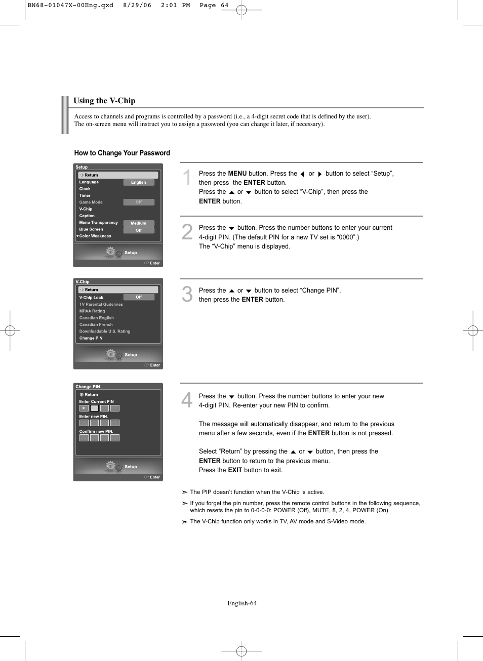Using the v-chip | Samsung LNS5296DX-XAA User Manual | Page 66 / 380