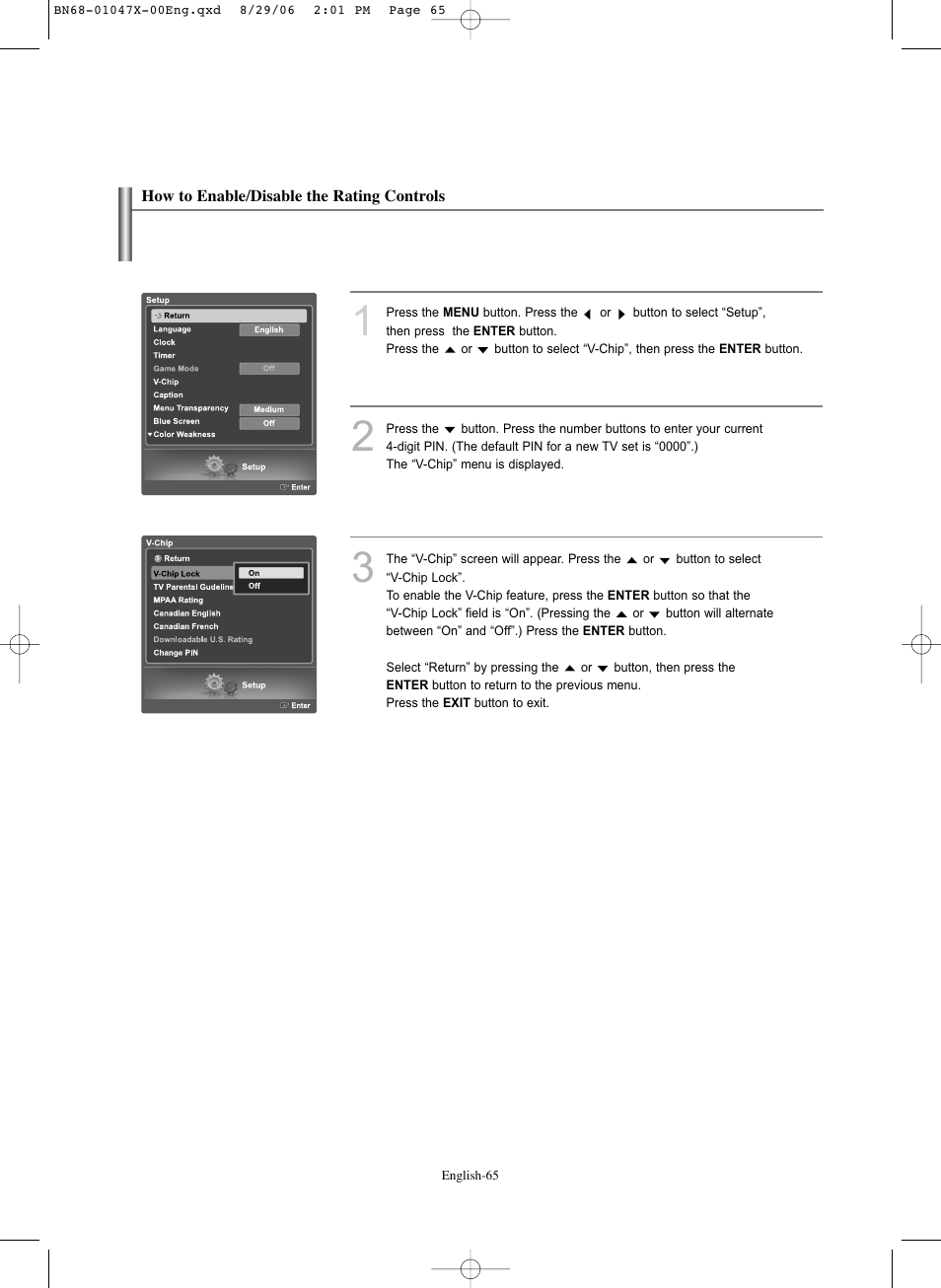 How to enable/disable the rating controls | Samsung LNS5296DX-XAA User Manual | Page 67 / 380
