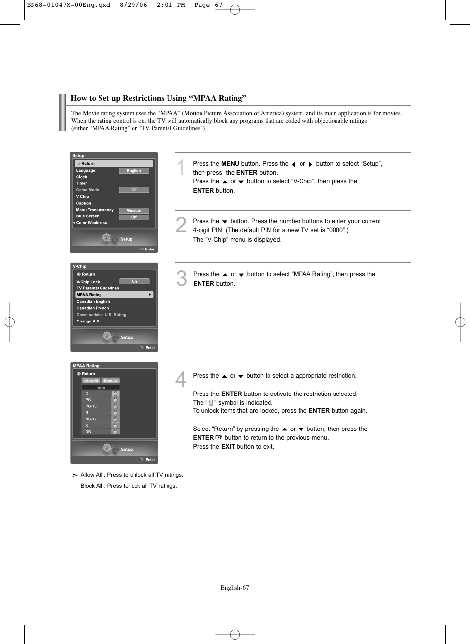 How to set up restrictions using “mpaa rating | Samsung LNS5296DX-XAA User Manual | Page 69 / 380